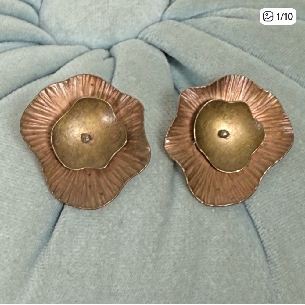 Copper and Brass Artisan Lotus Leaf clip on Earrings